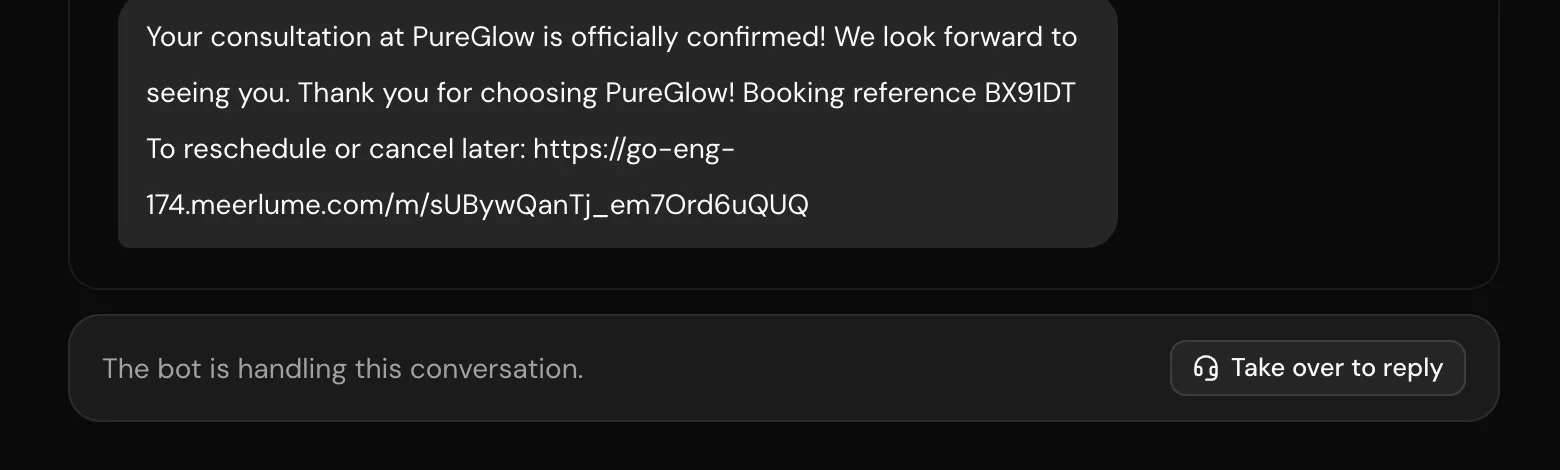 A live conversation in the inbox with the Take over to reply button next to the composer