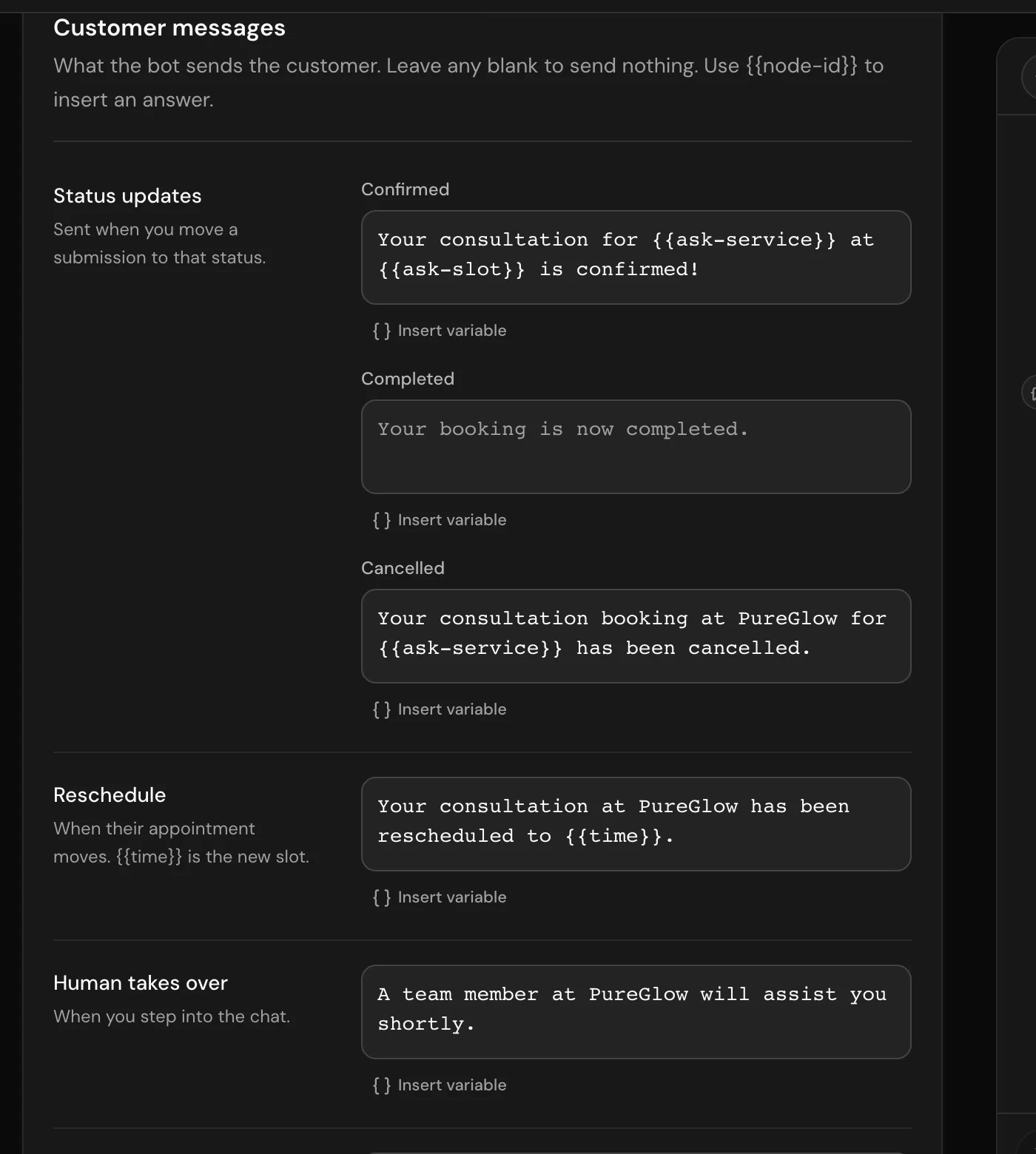 The Customer messages section of the Configure tab with the Human takes over and Bot resumes fields